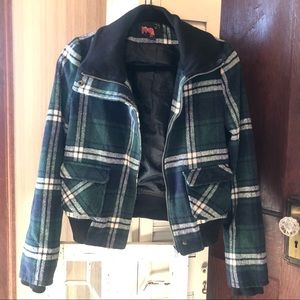 Navy and green plaid jacket, black collar & cuffs. Forever 21   size medium